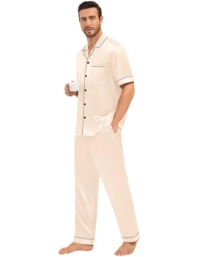 Matching Pajamas for Couples Satin Short Sleeve Sleepwear Women/Men Silk Soft Button Down Nightwear 2 Pcs Loungewear