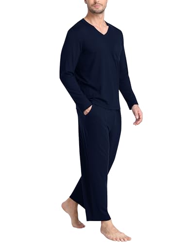 Men's Long Sleeve Pajama Set Soft Lightweight 2-Piece Sleepwear V-Neck Pjs for Nightwear Home Lounge with Pockets