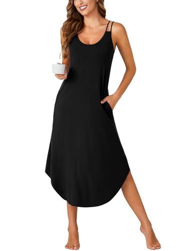 Women's Sleeveless Long Nightdress Scoop Neck Full Slip Nightshirt Loungewear Sleepdress