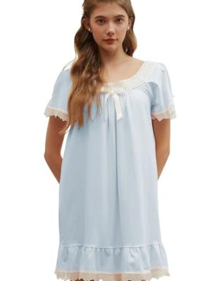 Cotton Nightgown for Women Short/Long Sleeve Princess Nightdress Victorian Nightwear Lace Ruffled Nighties with Bow