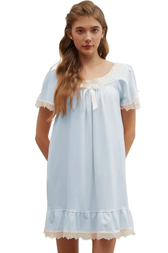Cotton Nightgown for Women Short/Long Sleeve Princess Nightdress Victorian Nightwear Lace Ruffled Nighties with Bow
