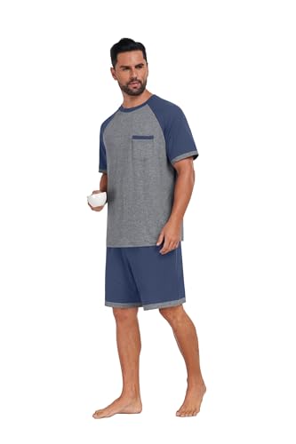 Mens Pajamas Set Lightweight Summer Pjs Sleepwear Soft Comfy Short Sleeve Loungewear Print With Pocket (S-4XL)