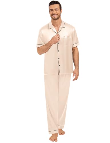 Matching Pajamas for Couples Satin Short Sleeve Sleepwear Women/Men Silk Soft Button Down Nightwear 2 Pcs Loungewear
