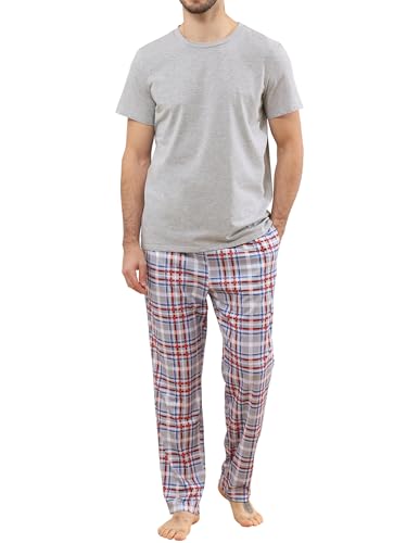 Mens Pajamas Set Cotton Short Sleeve and Plaid Long Pants 2 Piece Loungewear Sleepwear with Pocket
