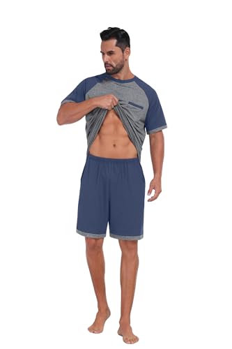 Mens Pajamas Set Lightweight Summer Pjs Sleepwear Soft Comfy Short Sleeve Loungewear Print With Pocket (S-4XL)