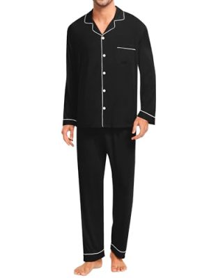 Men Pajamas Set Comfy Modal Pjs Button Down Sleepwear 2 Piece Long Sleeve Lounge Set Soft Nightwear with Pockets