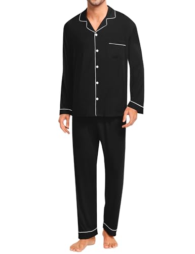 Men Pajamas Set Comfy Modal Pjs Button Down Sleepwear 2 Piece Long Sleeve Lounge Set Soft Nightwear with Pockets