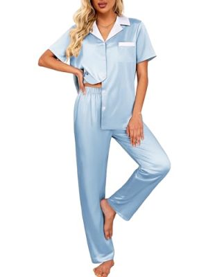 Satin Pajamas Set for Women Silk Button Down Sleepwear Short Sleeve Loungewear 2 Pieces Nightwear