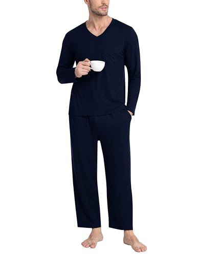 Men's Long Sleeve Pajama Set Soft Lightweight 2-Piece Sleepwear V-Neck Pjs for Nightwear Home Lounge with Pockets