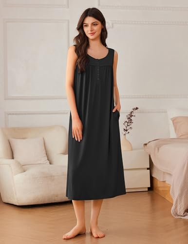 Nightgowns for Women Long Sleeveless Night Gowns Ladies Soft Nightdress Victorian Sleepwear with Pockets S-XXXL