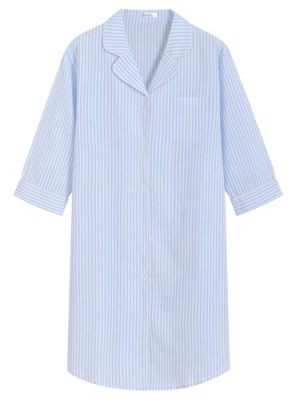 Women's Cotton Button Down Nightgown Seersucker 3/4 Sleeve Nightshirt