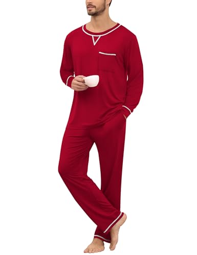 Mens Pajamas Set Modal Long Sleeve Sleepwear Crew Neck Pjs 2 Piece Loungewear Nightshirt Top & Pants with Pockets