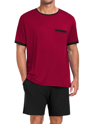 Men Modal Pajamas Set Comfy Sleepwear Short Sleeve Pjs Set Soft 2 Piece Lounge Set Cozy Nightwear with Pockets