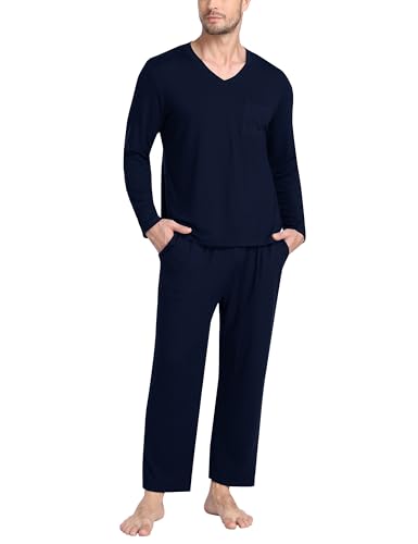 Men's Long Sleeve Pajama Set Soft Lightweight 2-Piece Sleepwear V-Neck Pjs for Nightwear Home Lounge with Pockets