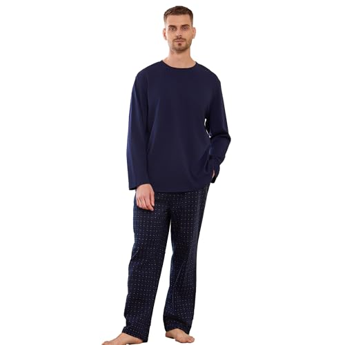 Vulcandon Men's 100% Cotton Pajama Sets, Soft Warm Long Sleeve Sleepwear Pjs Comfy 2 Piece Pajama Set for Men with Pockets