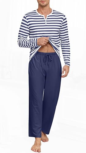 Men's Pajamas Set Long Sleeve Pjs 2 Piece Comfy Pajama Sleepwear Henley Loungewear Sets with Pockets