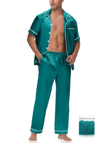 Mens Silk Pajama Set Satin Pjs Short Sleeve Button Down Sleepwear Classic Loungewear Set With Pants S-3XL