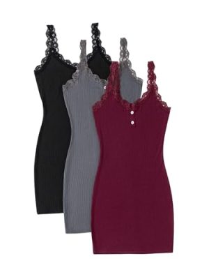 Women's 3 Packs Nightgowns Soft Sexy Lace Trim Sleep Dress Chemise Pajamas Sleepwear Cami Mini Slip Dresses