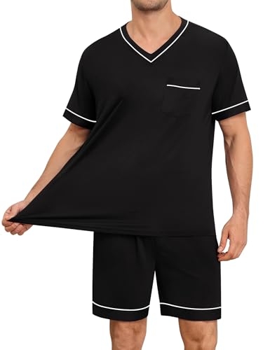 Mens Pajama Set Short Sleeve Pjs Set V-Neck Sleepwear 2 Pcs Soft Modal Lounge Sets Comfy Nightwear with Pockets