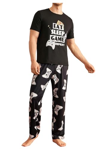 Men's 2 Piece Summer Pajama Sets Crew Neck Graphic Tees with Long Pants Loungewear