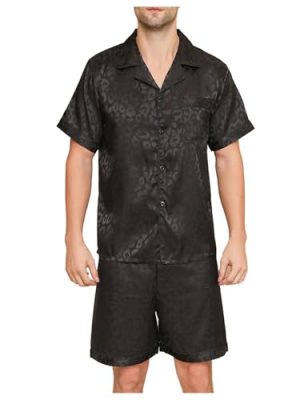 Men's 2 Piece Satin Silk Pajama Sets Leopard Button Down Shirts and Shorts Cheetah Loungewear Sleepwear Pjs