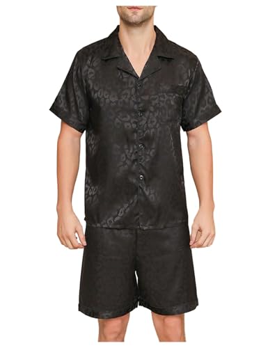 Men's 2 Piece Satin Silk Pajama Sets Leopard Button Down Shirts and Shorts Cheetah Loungewear Sleepwear Pjs