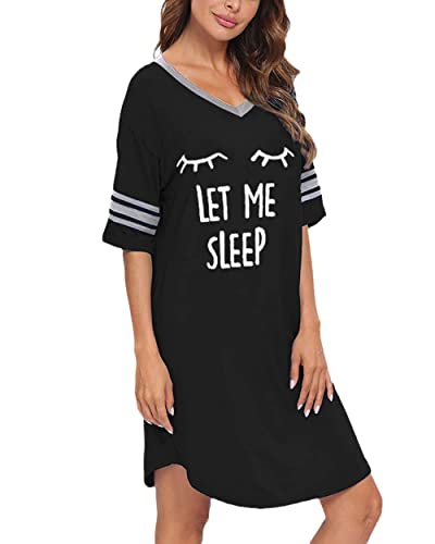 Sleep Shirts for Women Short Sleeve Cotton Novelty Night Shirts V Neck Oversized Nightgowns Cute Printed Nightdress