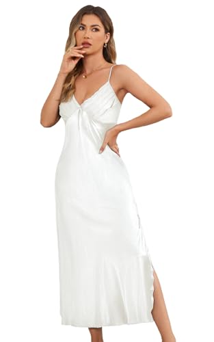 Womens Satin Nightgown Sexy Lingerie Sleepwear Spaghetti Strap Nightdress V Neck Chemises Silky Long Slip Dress