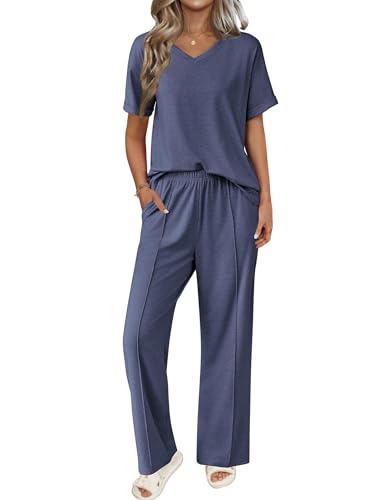 Pajamas for Women Set 2 Piece Short Sleeve Tops with Long Pants V Neck Soft Pjs Casual Lounge Set with Pockets