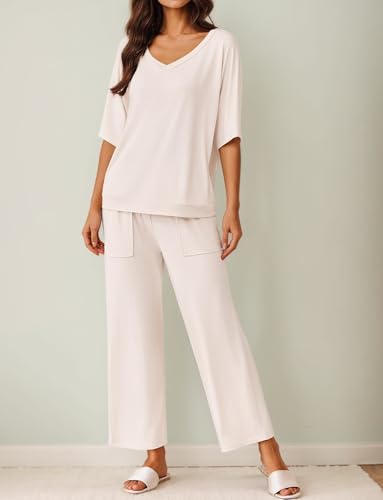 Lounge Sets for Women Comfy Pajamas Set 2 Piece Outfits Short Sleeve Tops and Wide Leg Pants with Large Pockets