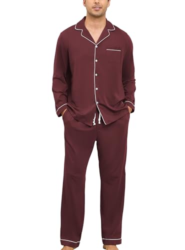 Mens 100% Cotton Pajamas Set Long Sleeve Sleepwear Button Down Pjs Loungewear with Pockets