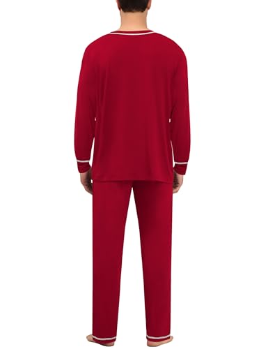 Mens Pajamas Set Modal Long Sleeve Sleepwear Crew Neck Pjs 2 Piece Loungewear Nightshirt Top & Pants with Pockets
