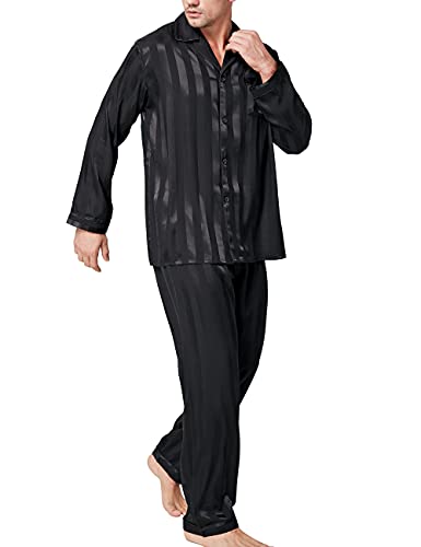 Pajamas Set Mens Silk Satin Pajamas Long Sleeve Loungewear Two-Piece Sleepwear Button-Down Pj Set S-XXXXL