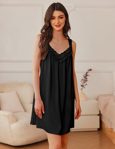 Women's Satin Silk Nightgown V Neck Sexy Nightdress Tank Sleeveless Sleepshirt Lace Sleep Dress Nightwear S-XXXL