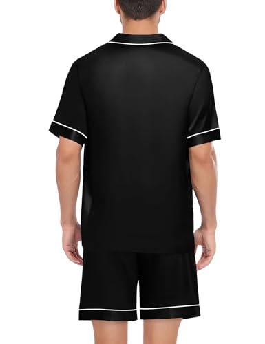 Satin Matching Pajamas Sets Couple Silk Button Down Nightwear Women & Men Short Sleeve Sleepwear 2 Pieces Loungewear Black