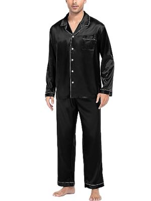 Mens Silk Satin Pajamas Set Long Sleeve Sleepwear Button-Down Pj Two-piece Loungewear with Long Pants S-XXL