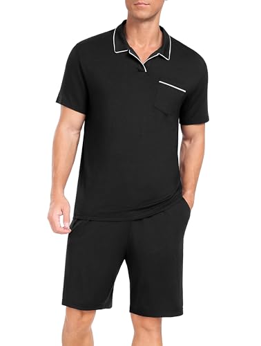 Mens Pajamas Set Summer Pjs Sets Lightweight Short Sleeve Pajama Soft Sleepwear Loungewear with Pockets