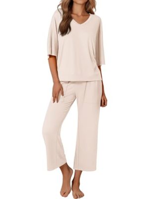 Lounge Sets for Women Comfy Pajamas Set 2 Piece Outfits Short Sleeve Tops and Wide Leg Pants with Large Pockets
