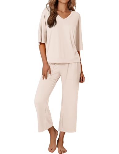Lounge Sets for Women Comfy Pajamas Set 2 Piece Outfits Short Sleeve Tops and Wide Leg Pants with Large Pockets