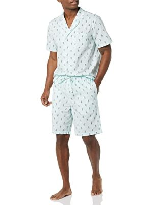 Men's Lightweight Woven Short Pajama Set with Notch Collar and Button Loungewear