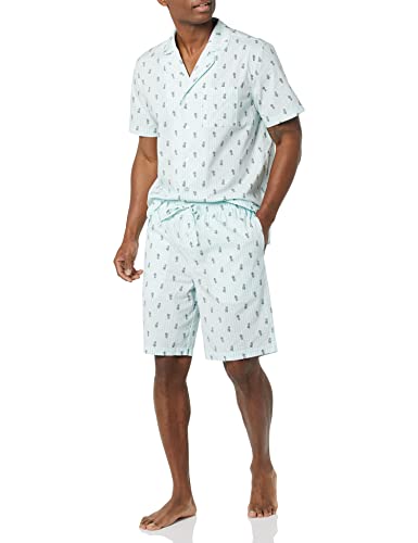 Men's Lightweight Woven Short Pajama Set with Notch Collar and Button Loungewear