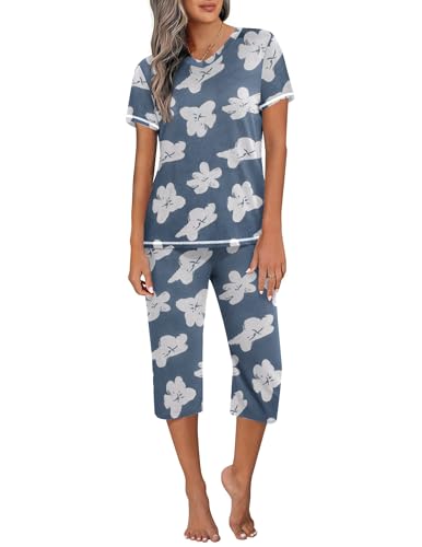 Women's Pajama Set 2 Piece Short Sleeve Capri Pj Sets V Neck Loungewear Sleepwear with Pockets S-3XL