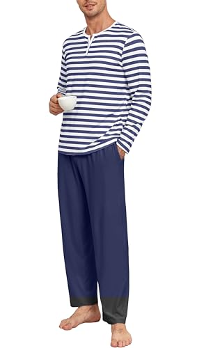 Men's Pajamas Set Long Sleeve Pjs 2 Piece Comfy Pajama Sleepwear Henley Loungewear Sets with Pockets