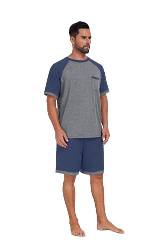 Mens Pajamas Set Lightweight Summer Pjs Sleepwear Soft Comfy Short Sleeve Loungewear Print With Pocket (S-4XL)