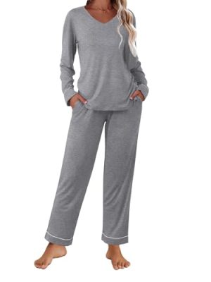 Womens Pajama Sets 2 piece Lounge Sets for Women V-neck Long Sleeve Top and Elastic Waist Pants with Pockets