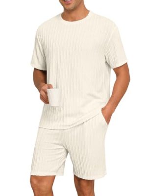 Mens Pajamas Set Summer Pjs Sets Lightweight Short Sleeve Pajama Shorts Set Soft Sleepwear Loungewear with Pockets