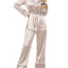 Satin Lounge Sets for Women 2 Pieces Silk Pajamas Set Long Sleeve Top with Pants Outfits with Belt