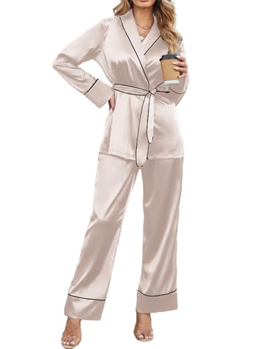 Satin Lounge Sets for Women 2 Pieces Silk Pajamas Set Long Sleeve Top with Pants Outfits with Belt