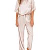 Womens Satin Silky Pajama Set Short Sleeve Shirt with Long Pajama Pant Set Soft PJ Loungewear