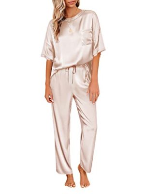 Womens Satin Silky Pajama Set Short Sleeve Shirt with Long Pajama Pant Set Soft PJ Loungewear